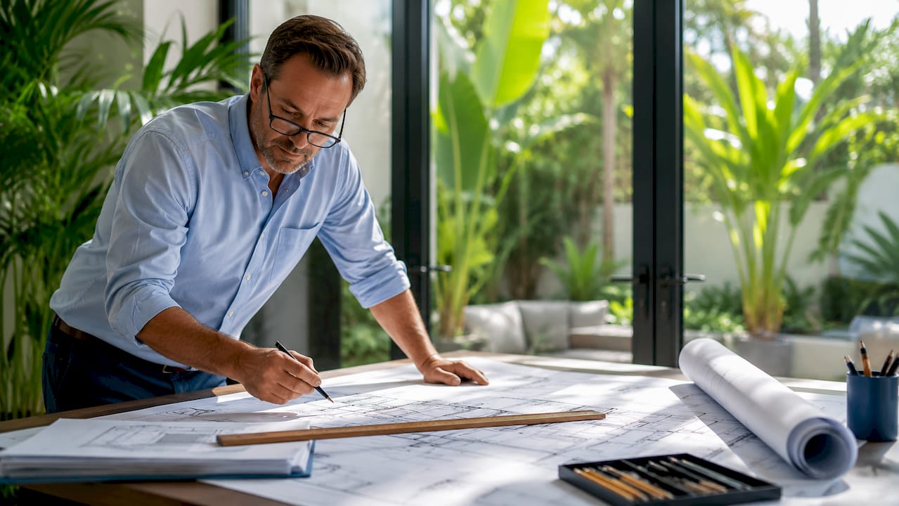 Architect reviewing luxury floor plan at drafting table