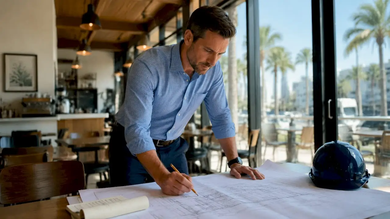 Project manager reviewing custom home blueprints