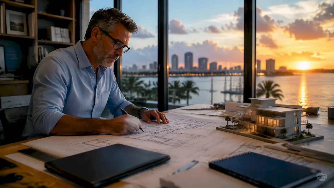 Architect working on waterfront home design