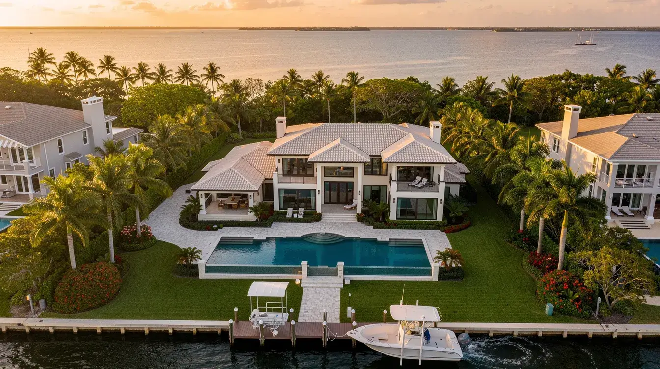 Luxurious waterfront home with a rectangular pool, manicured lawn, and a private dock along a canal at sunset.