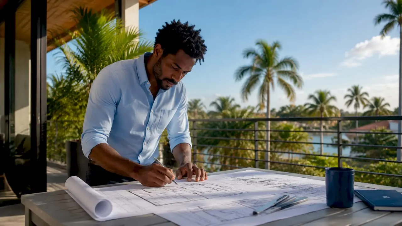 Architect working on custom home blueprints