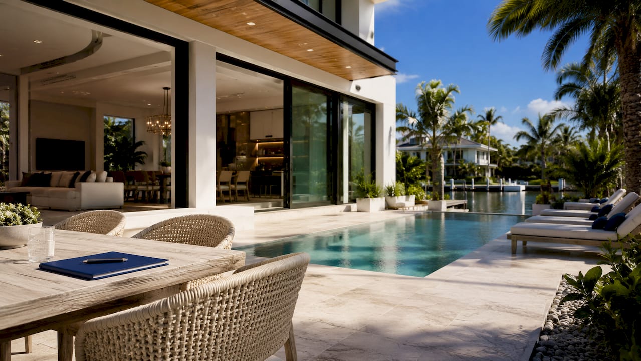 Modern coastal luxury home exterior with pool and terrace