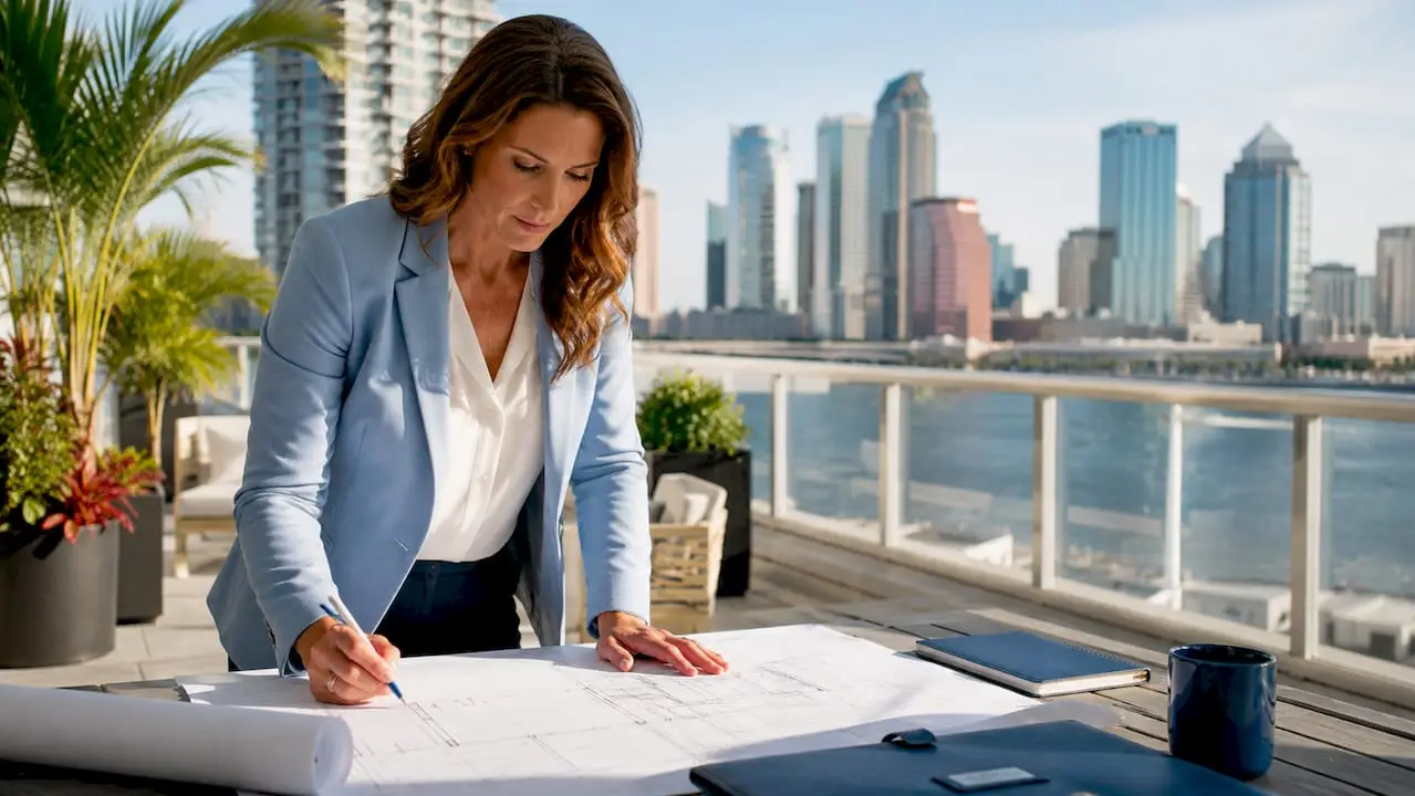 Architect reviewing custom home plans in Tampa office