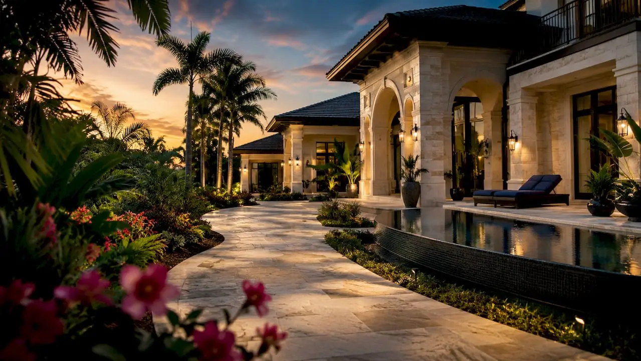 Front view luxury estate home with gardens and fountain