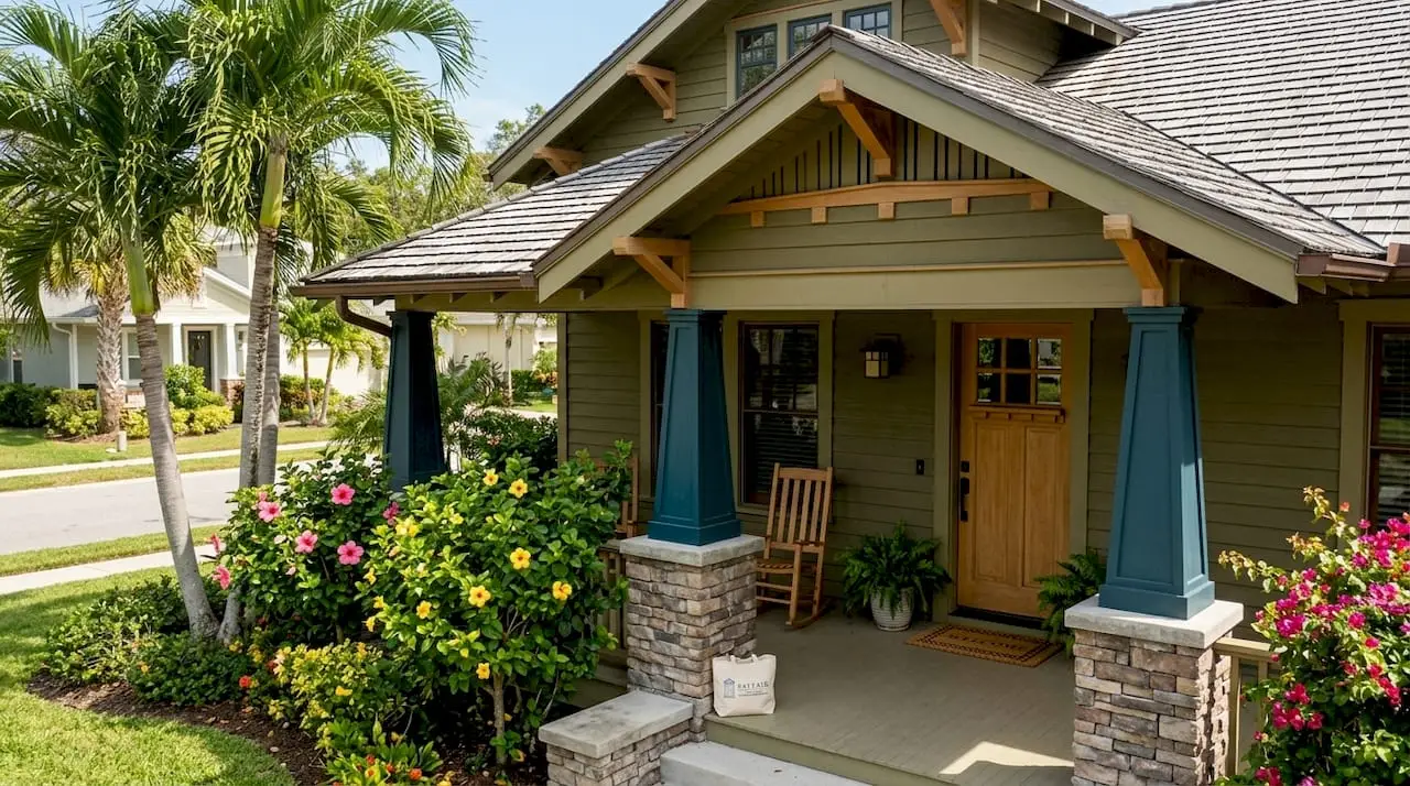 Exterior of Craftsman style home with porch and gabled roof