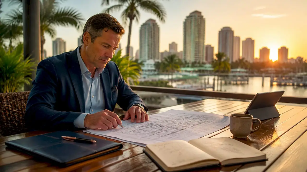 Professional reviewing custom home blueprints