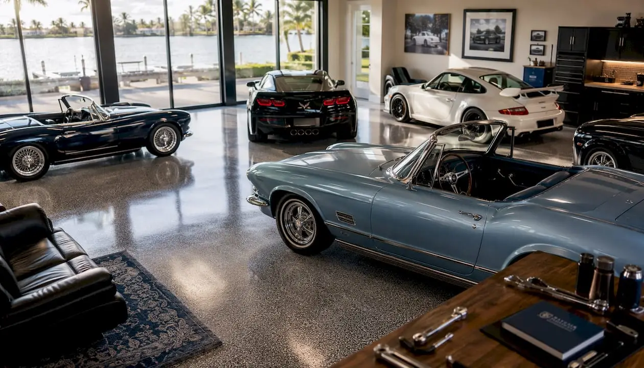 Luxury garage with vintage and modern cars